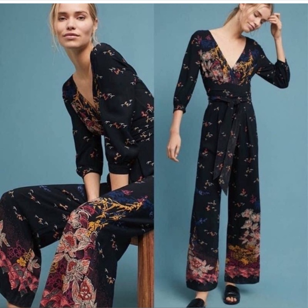 Anthropologie Black Floral Border-Print Wrap Jumpsuit